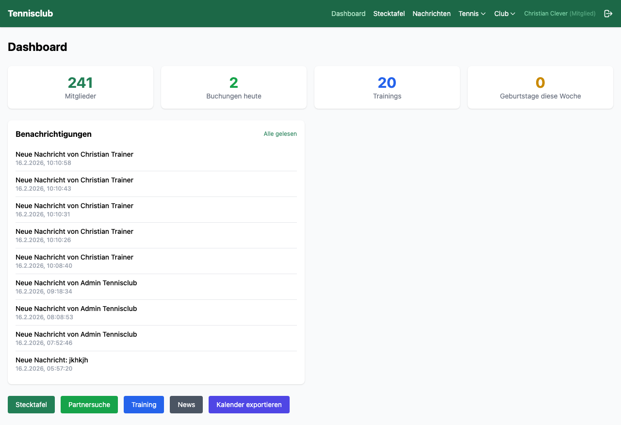 courtpilot Dashboard mit Kennzahlen und Benachrichtigungen