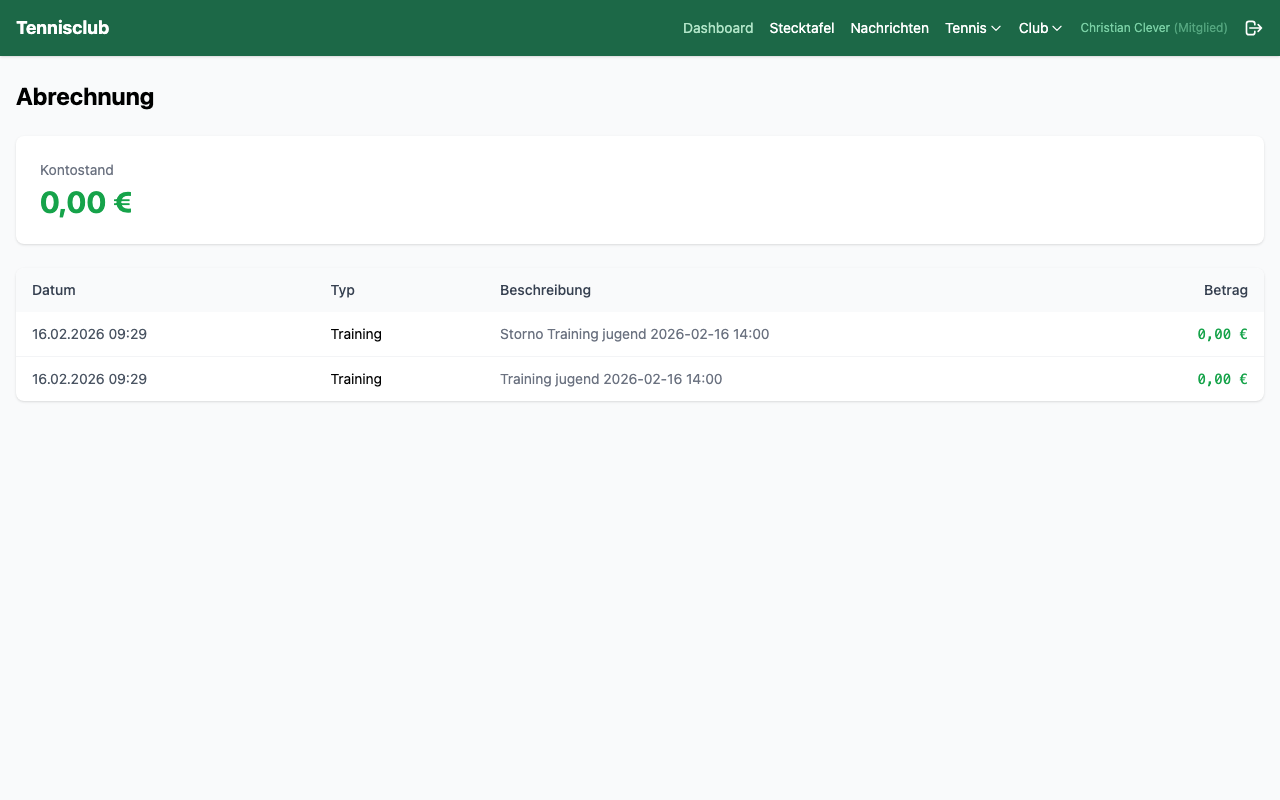 Abrechnungsübersicht mit Kontostand und Transaktionen