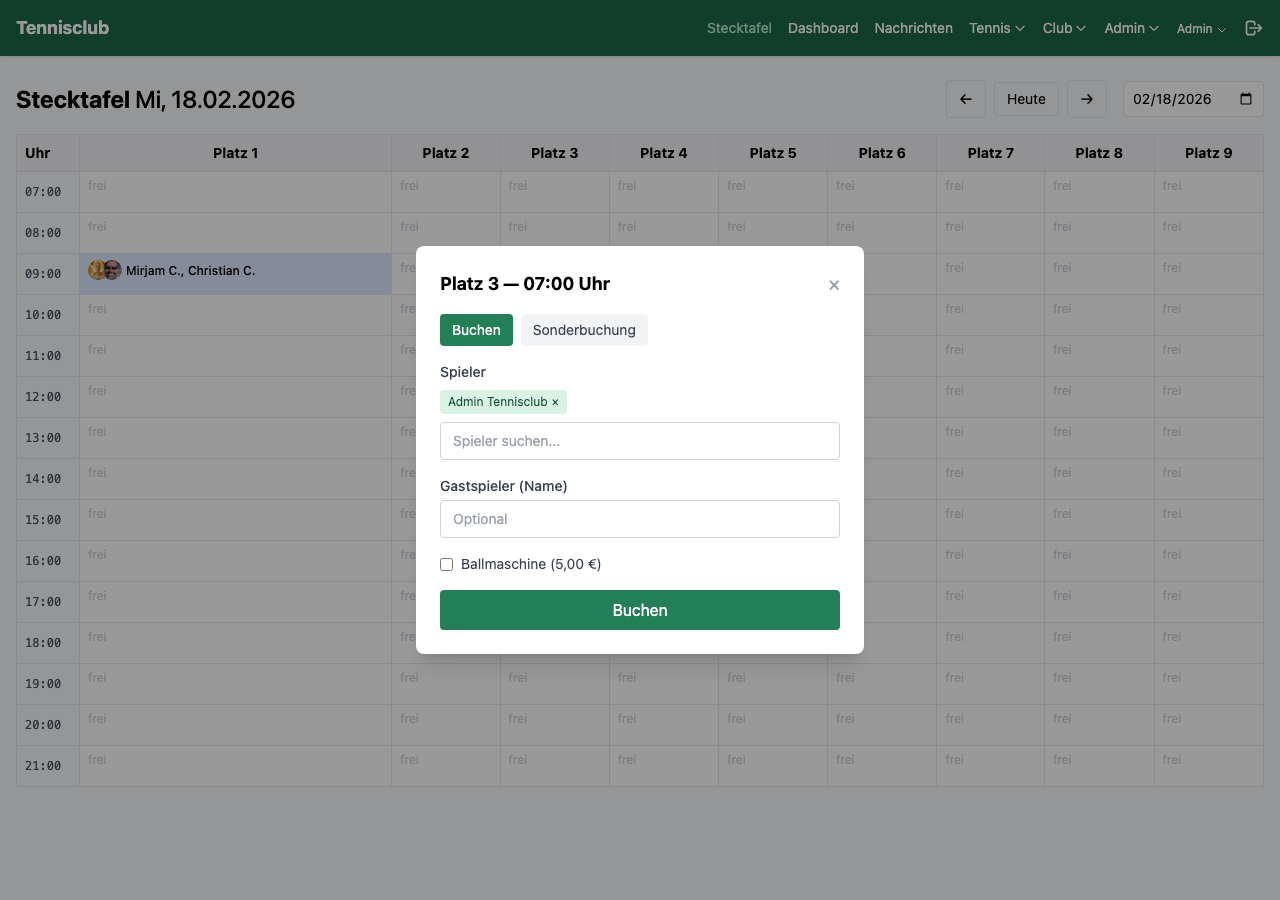 Buchungsdialog mit Spielersuche und Favoriten