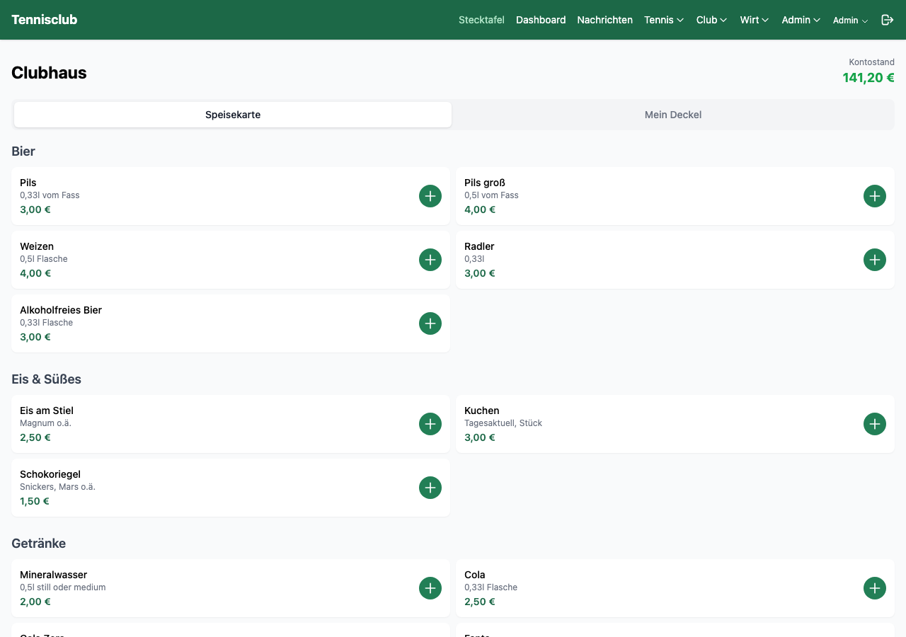 Clubhaus Speisekarte mit Kategorien und Bestellfunktion