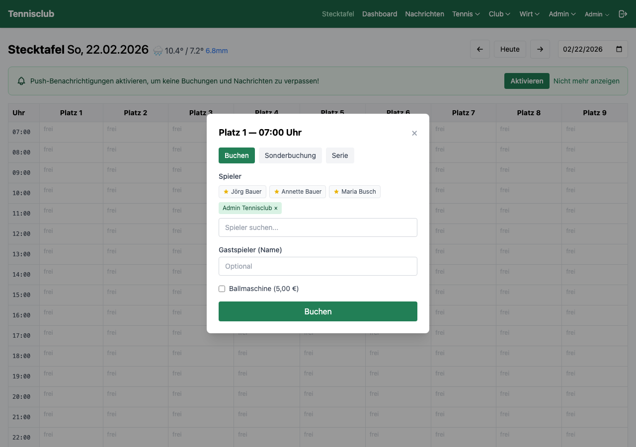 Buchungsdialog mit Gastspieler-Einladung und QR-Code
