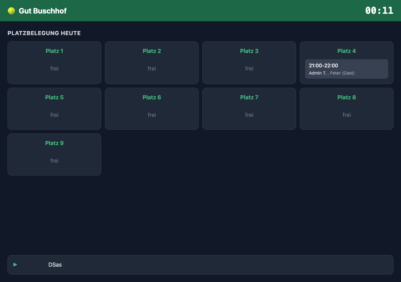 Kiosk-Vollbildanzeige mit Platzbelegung und Lauftext