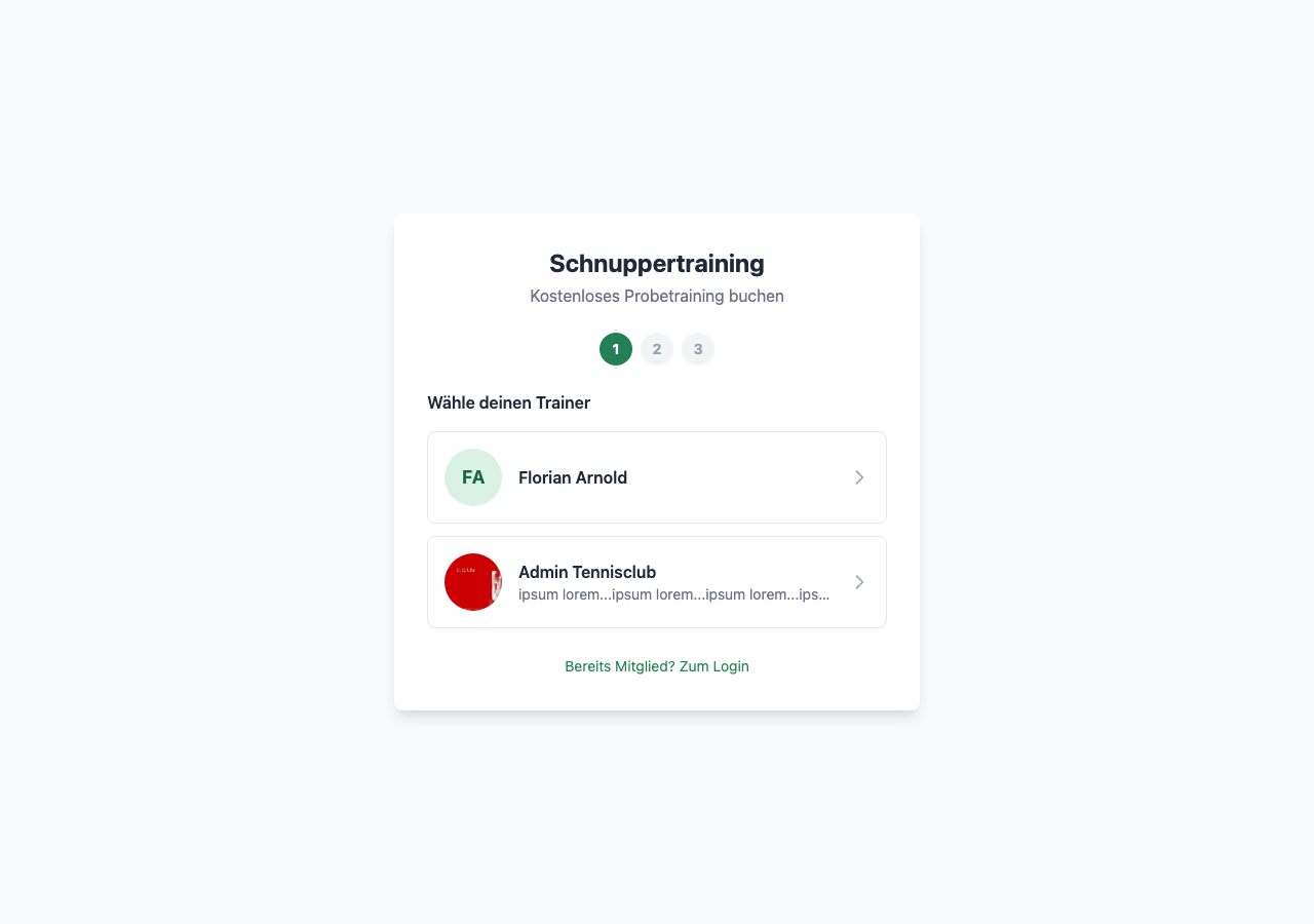 Öffentliche Schnuppertraining-Seite mit Trainer-Auswahl