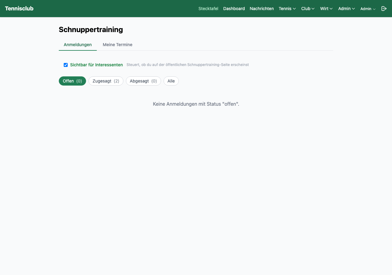 Trainer-Ansicht der Schnuppertraining-Anmeldungen