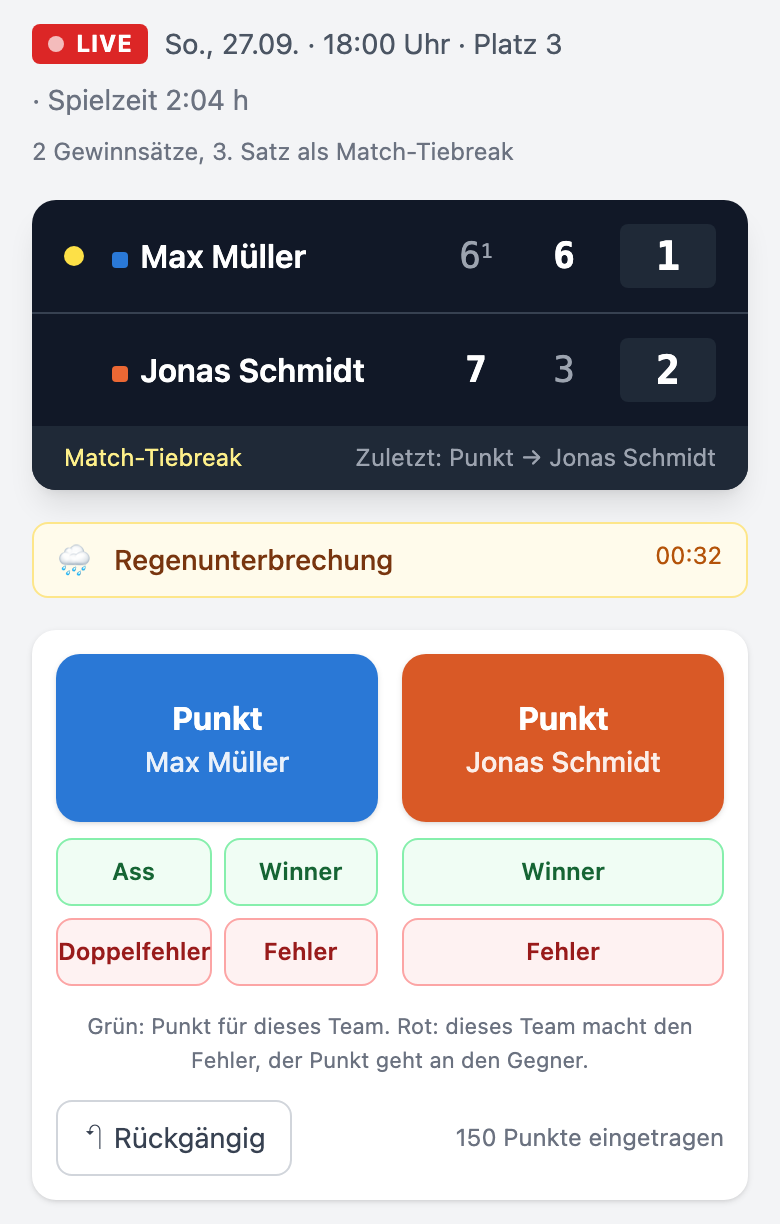 Liveticker mit Anzeigetafel und Eingabeknöpfen